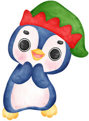 Cute happy joyful christmas penguin santa helper wears elf hat cartoon character watercolor hand drawing