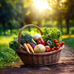 fresh vegetables in a basket. On a background of nature