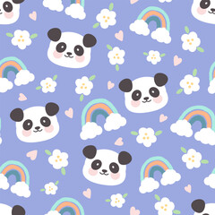 Kawaii panda bear face on a blue background with clouds, flowers and rainbows. Kids woodland animals seamless pattern motif for wrapping paper, fabric and textile print