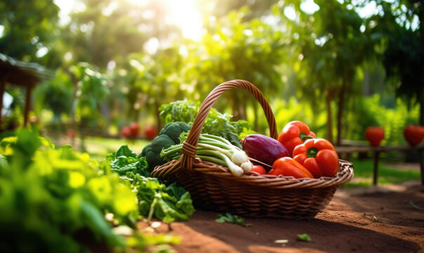  fresh vegetables in a basket. On a background of nature