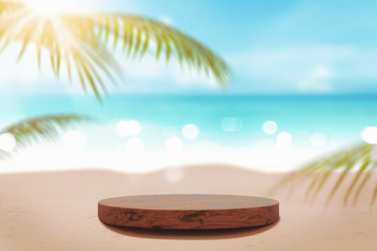 3d podium with copy space for product display presentation on palm beach and blue sky background. Tropical summer and vacation concept. Graphic art design.