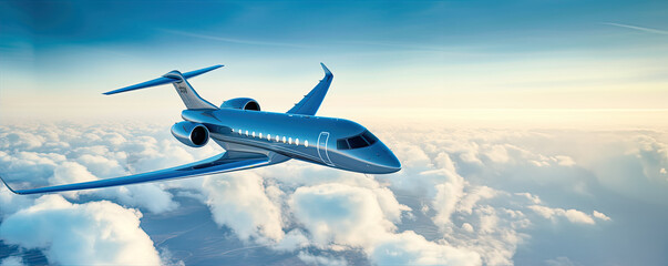 Private jet flying over the earth. Empty blue sky with white clouds at background. Business Travel Concept. Horizontal.	
