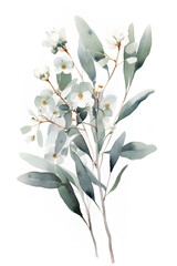 A watercolor painting of eucalyptus leaves and flowers. Generative AI.