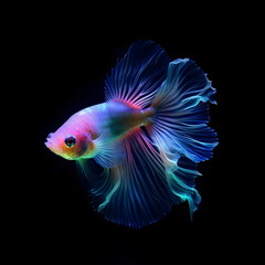 Fototapeta premium beautiful neon transparent fish with flowing fins on black background, generative ai 