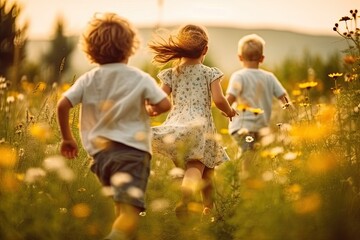 Back view of young children running over a blossoming meadow on a sunny summer day