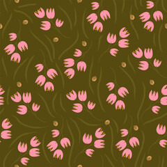naive pattern with pink bells. green background with flowers. flat hand drawn flowers.