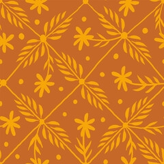 monochromatic geometric pattern with leaves and flowers. floral background in retro style.