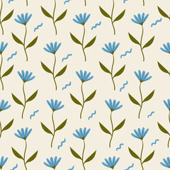 cute blue flowers hand drawn. floral pattern in scandinavian style. flowering plants on a light background endless pattern.