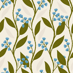 endless creepers with blue flowers. curly flowers hand drawn.