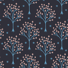 magical trees in the middle of the stars on a dark background. mystical seamless pattern with blue trees. fantasy garden.