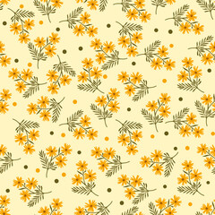 small twigs with orange flowers randomly scattered around the background. romantic rustic pattern of flowers.