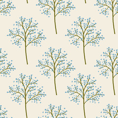Obraz premium hand drawn romantic trees with blue hearts. endless minimalistic pattern with flowering trees.