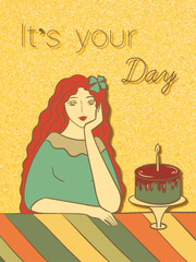 beautiful girl on a yellow background with a cake and one candle, cardon style, illustration