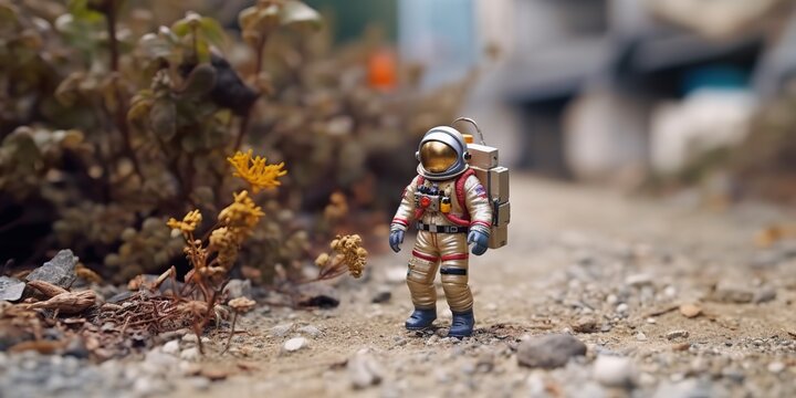 AI Generated. AI Generative. Miniature space astronaut game toy figure on game surface. Astronomy galaxy future space adventure vibe. Graphic Art