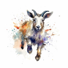 A watercolor painting of a goat on a white background. Generative AI.