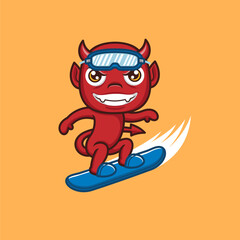 cute cartoon devil playing snowboard