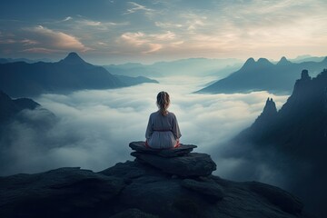 Naklejka na ściany i meble Meditating on top of a mountain