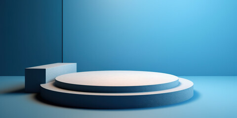 Blue and white round podium on blue, monochromatic. Product podium for product showcase. Generative AI.