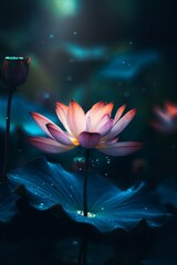 Lotus flower shining at night, Generative AI