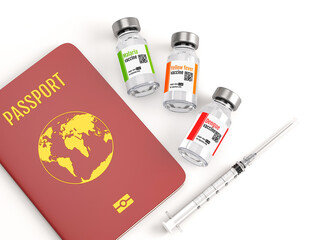 Three vials of vaccines against malaria, yellow fever and dengue fever. Passport, syringe and antiviral drugs. Travel vaccinations concept. 3d render.