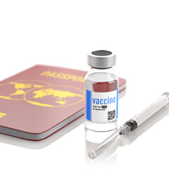 A vial with a vaccine next to the syringe on the background of a passport. Travel vaccinations concept. 3d render.