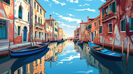 Fototapeta na wymiar Imaginary canal with boats in village or city. Generative AI.