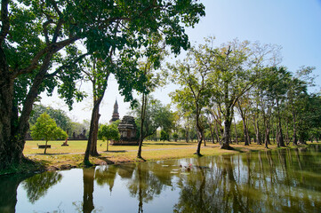 Park lake pond in the ancient national park Sukhothai, Thailand.