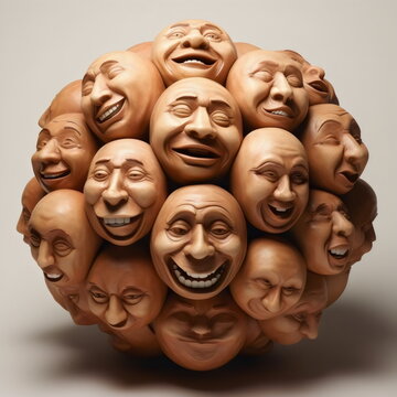 ball sculpture art made from faces isolated on light studio background, made with generative ai