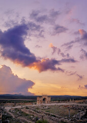 Beautiful sunset landscape. The ancient antique roman city Volubilis in Morocco, Africa.