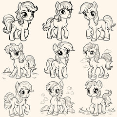 Animals collection set pack of pony coloring page for children.Сartoon style hand drawing vector illustration in black outline on a white background