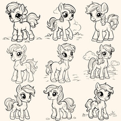 Animals collection set pack of pony coloring page for children.Сartoon style hand drawing vector illustration in black outline on a white background