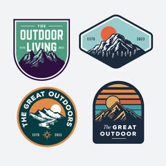 set collection of vintage adventure badge. Camping emblem logo with mountain illustration in retro hipster style.