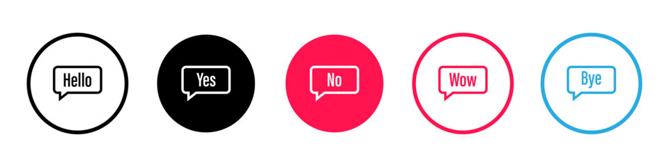 Speech bubble with phrases hallo, no, yes, bye, wow. Dialog phrases. Communication concept. Vector