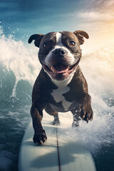 cooler fröhlicher Staffordshire Bullterrier Hund beim surfen auf einem Surfboard im Meer mit großen Wellen in Action. Hochformat. Hochkant. Generative Ai.