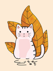 Cute cat cartoon with leaves icon character vector illustration.