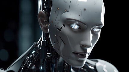 Humanoid robot's face. The robot has a realistic, human-like appearance with a neutral expression.