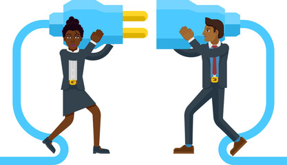 Two business people plugging connecting together electrical plug conceptual illustration