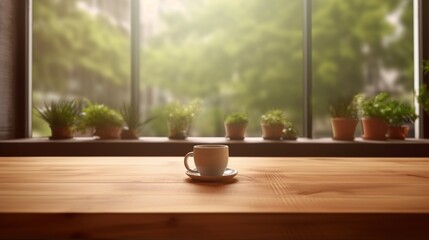 The coffee cup is closed up on a wooden table in the coffee shop near the window, illuminated by warm afternoon light, and there is copy space available for content and banner, ai generative
