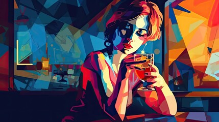 Woman sitting at a bar, concept of alcoholism/alcohol addiction - obrazy, fototapety, plakaty
