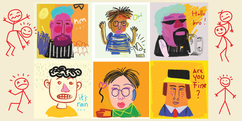 Fototapeta premium Set of funny boy, man portrait character rough hand drawn vector illustration.