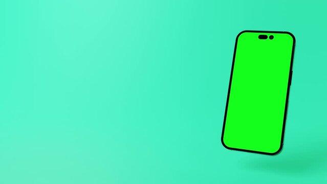 3D Animation Modern smartphone with green screen on display to place content hovering into frame from top.  Cyan Background