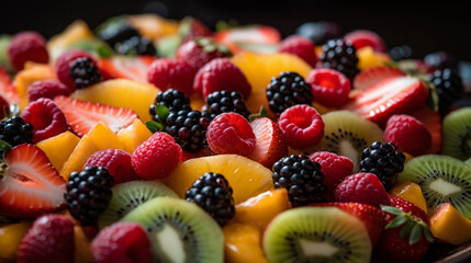 Obraz premium A close-up of a vibrant fruit salad, featuring a variety of colorful fruits