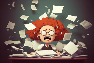 Cartoon office worker overwhelmed with paperwork. Generative AI.
