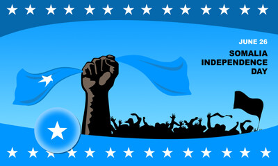 a hand holding the Somalia Flag and silhouettes of people celebrating Somalia Independence Day on June 27 with Somalia Flag theme background
