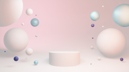 Clean and peaceful stage with minimalist perfect 3D spheres floating in the air and an empty podium in the middle with a metallic texture