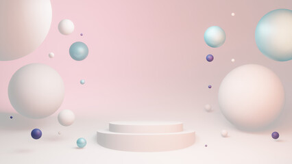 Clean and peaceful stage with minimalist perfect 3D spheres floating in the air and a two level empty podium in the middle with a metallic texture
