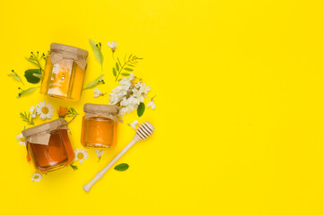 Jars with different types of honey on color background, top view