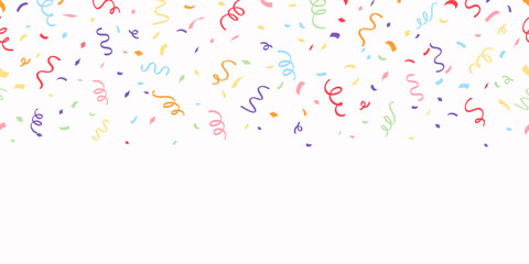 Ribbon confetti seamless border frame for birthday party, congratulate celebration, holiday decoration, happy anniversary card, poster, banner.