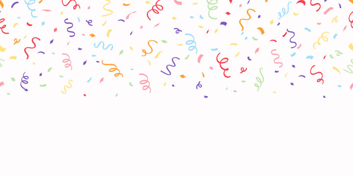 Ribbon confetti seamless border frame for birthday party, congratulate celebration, holiday decoration, happy anniversary card, poster, banner.