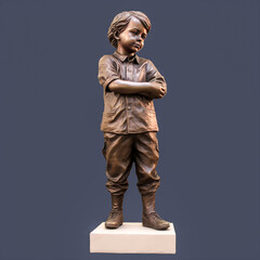 A bronze statue of a young boy stands atop a base in a garden. - generative ai